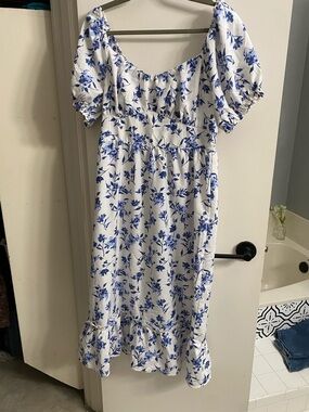 Indulge InStyle Blue Floral Toile Milkmaid Midi Dress Smocked‎ Easy Care XL